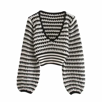 

Santa Sweater Contrast Stripes Thin Section V-neck Long-sleeved Short Top 2020 Autumn European Trend Ladies Pullover Knit