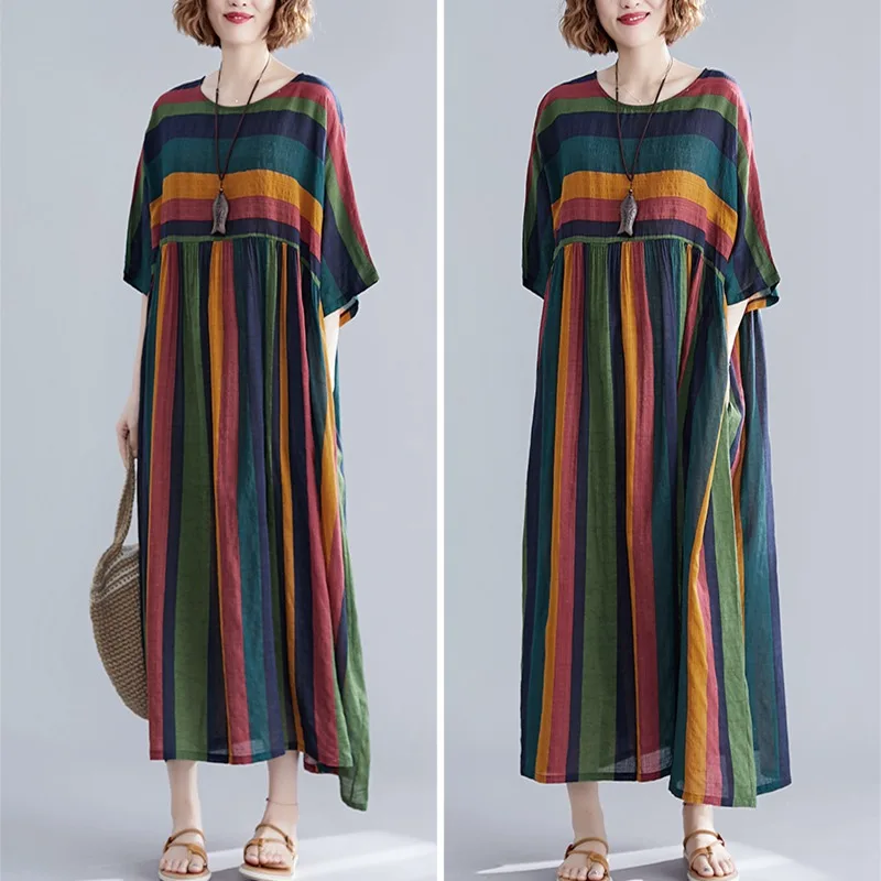 Летние женские новые большие размеры 7XL 8XL 9XL Ретро Круглый вырез короткий рукав Полосатое Повседневное платье бюст 141 см