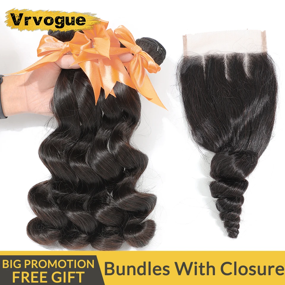 

Vrvogue Hair Peruvian Hair Bundles With Closure Loose Wave Bundles With Closure Human Hair Weave 3 Bundles With Closure Remy
