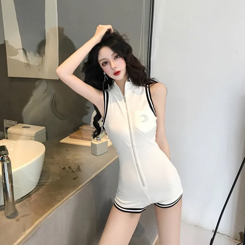 Sexy Playsuits Women Cotton Zipper Sleeveless Casual Solid Color Turtleneck Fashion Pocket Slim Playsuit