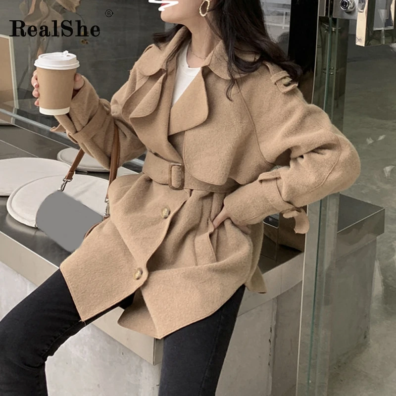 RealShe, Женская куртка,, с отворотом, длинный рукав, пояс, пуговицы, зимняя куртка, для женщин, весна, повседневная, элегантная, однотонная, шерстяное пальто для женщин