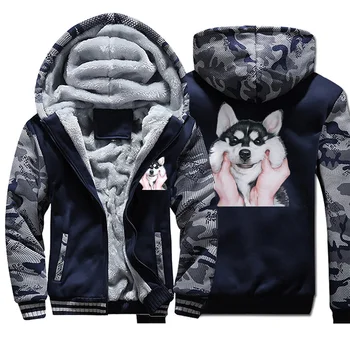 

Men husky camouflage fleece zipper hoodie fashion print hooded sweatshirt coat 2020 autumn winter casual comfortable man jackets