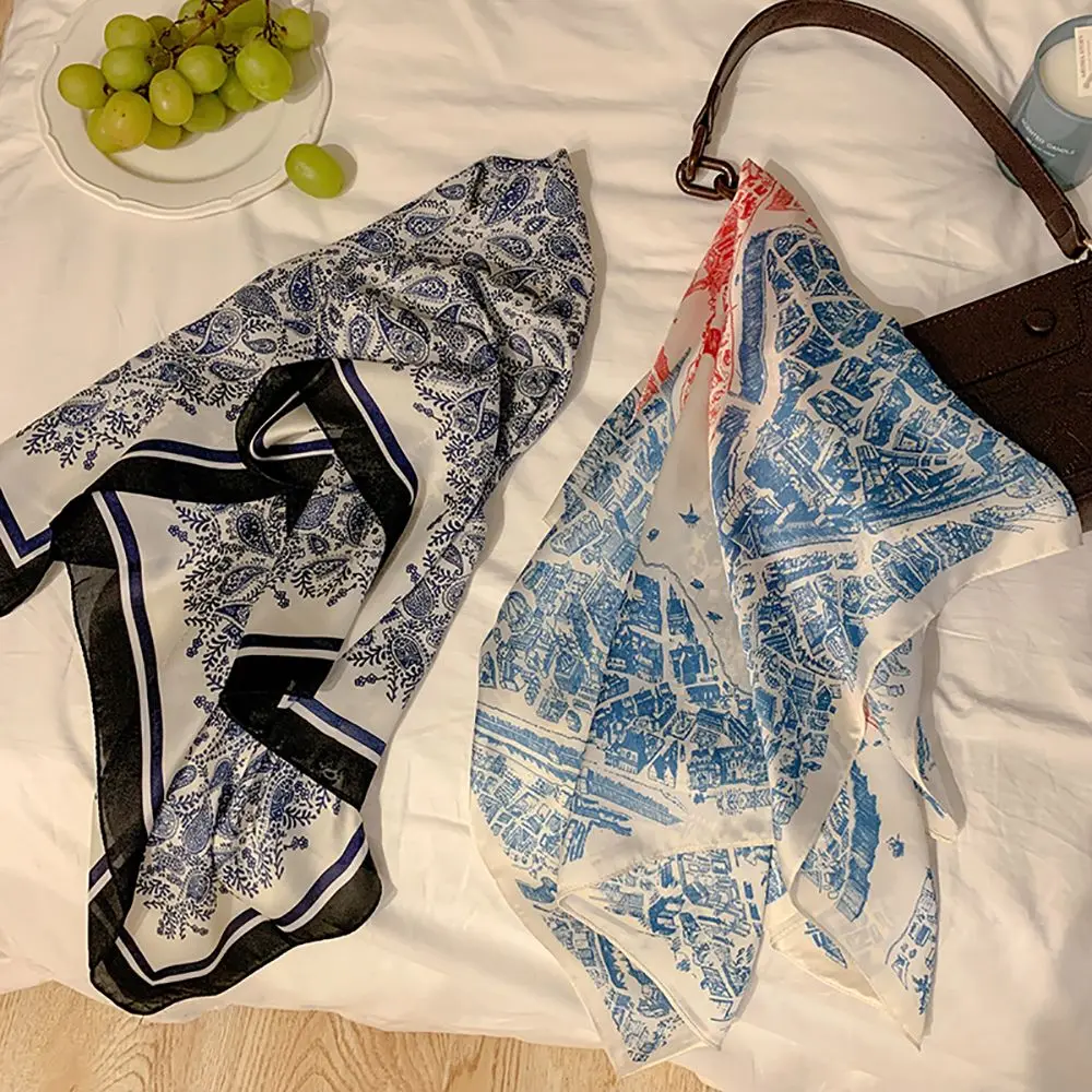 Retro Head Neck Silk Scarf Women Luxury Print Small Scarves Female Flower Stripe Wave Point Headscarf Beach Sunscreen Scarf,scarf accessories