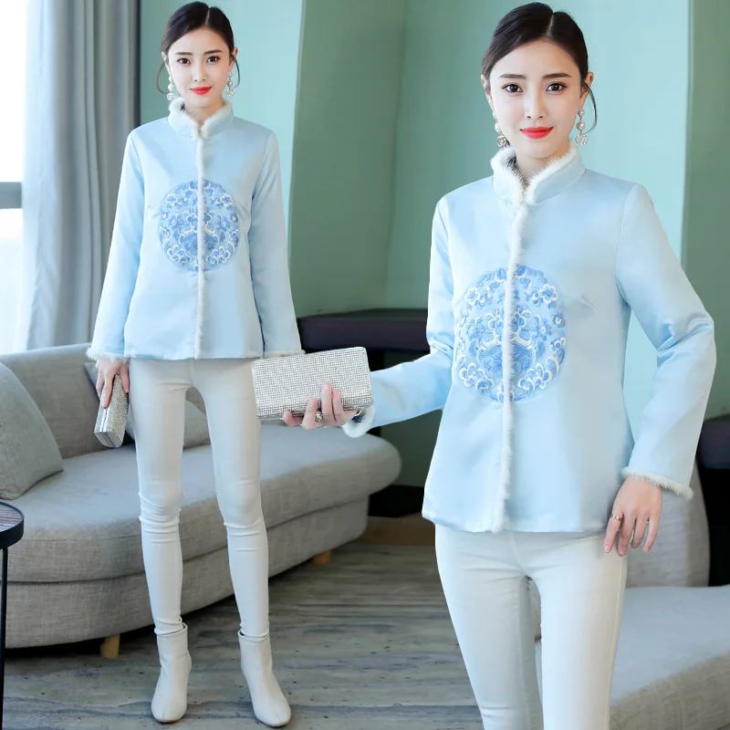 

2018 Winter New Style Retro Embroidered Breasted Chinese Style Chinese-style Cotton Coat Cotton-padded Jacket Thick Coat Tops