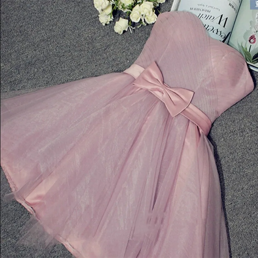 vestidos de graduacion Pink Sweetheart Pleat Short Bow Sashes Zipper Back Tulle Charming Real Picture Homecoming Bridal