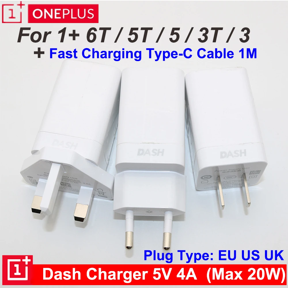 EU/US/UK 5V/4A Original ONEPLUS Dash charger 20W Fast Charging 1M Type-C Cable Wall Power Adapter For Oneplus 6T 5T 5 3T 3 | Мобильные