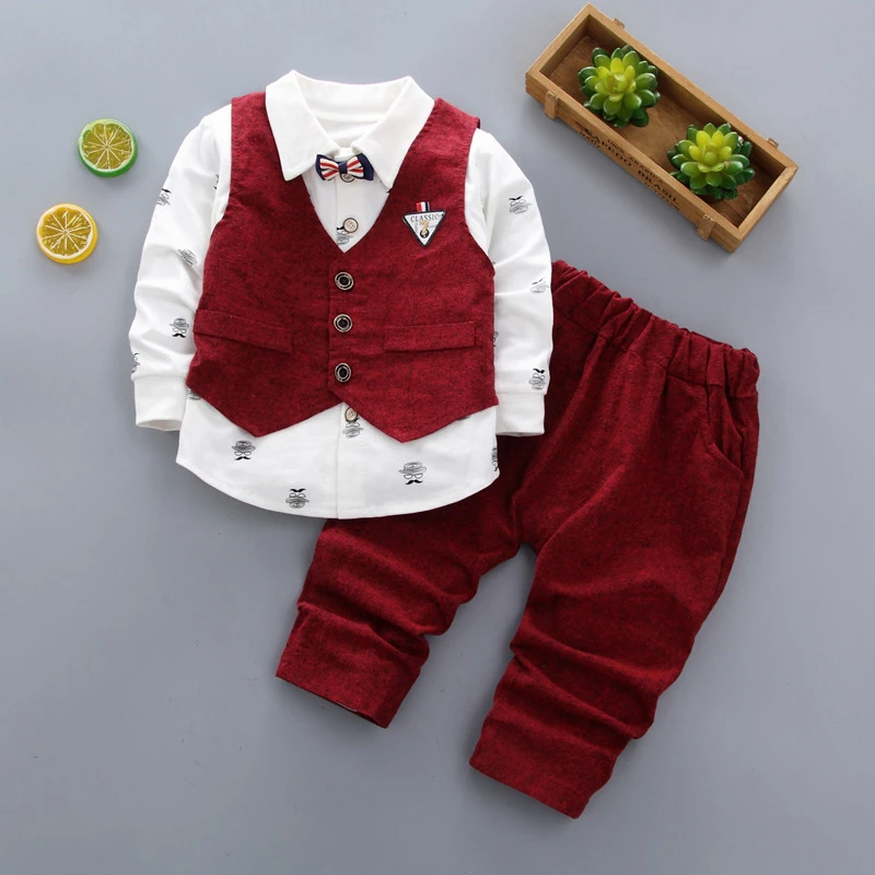 Goede Jongen Kleding Pak Vest Shirt Broek 3 Delige Set Gentleman s Kleding Pak Rode Jongen Baby Kleding Set Lange mouwen Herfst Nieuwe Aankomst
