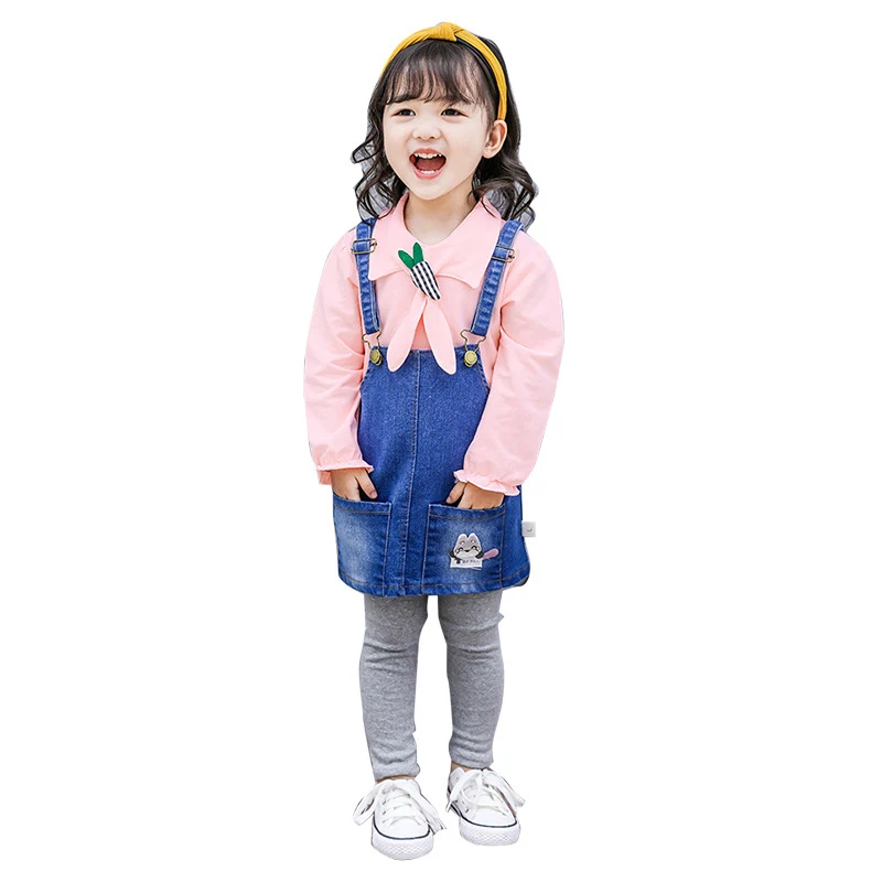 

TYGirls Clothing Sets Autumn Blouse Tops+Denim Strap Dress+Leggings 3 PCS Long Sleeve Children Set Girl Clothes Suit Casual