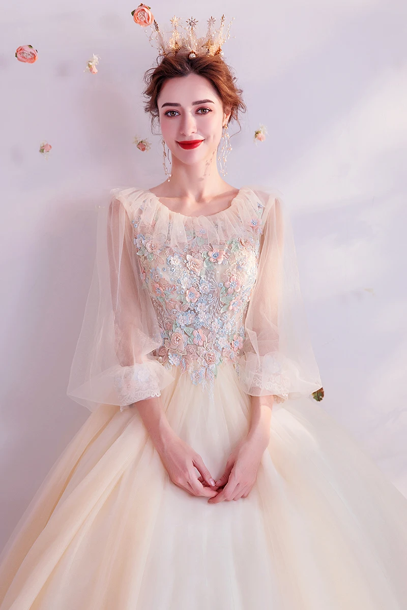 Светильник цвета шампанского 3D Цветы бальное платье Бальные платья Vestidos 15 anos Длинные рукава Иллюзия корсет сладкий 16 платья
