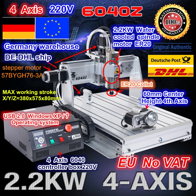 

EU free VAT 4 Axis 6040 USB port 2.2KW 2200W USB Mach3 CNC Router Engraver Engraving Milling Citting Machine 220VAC