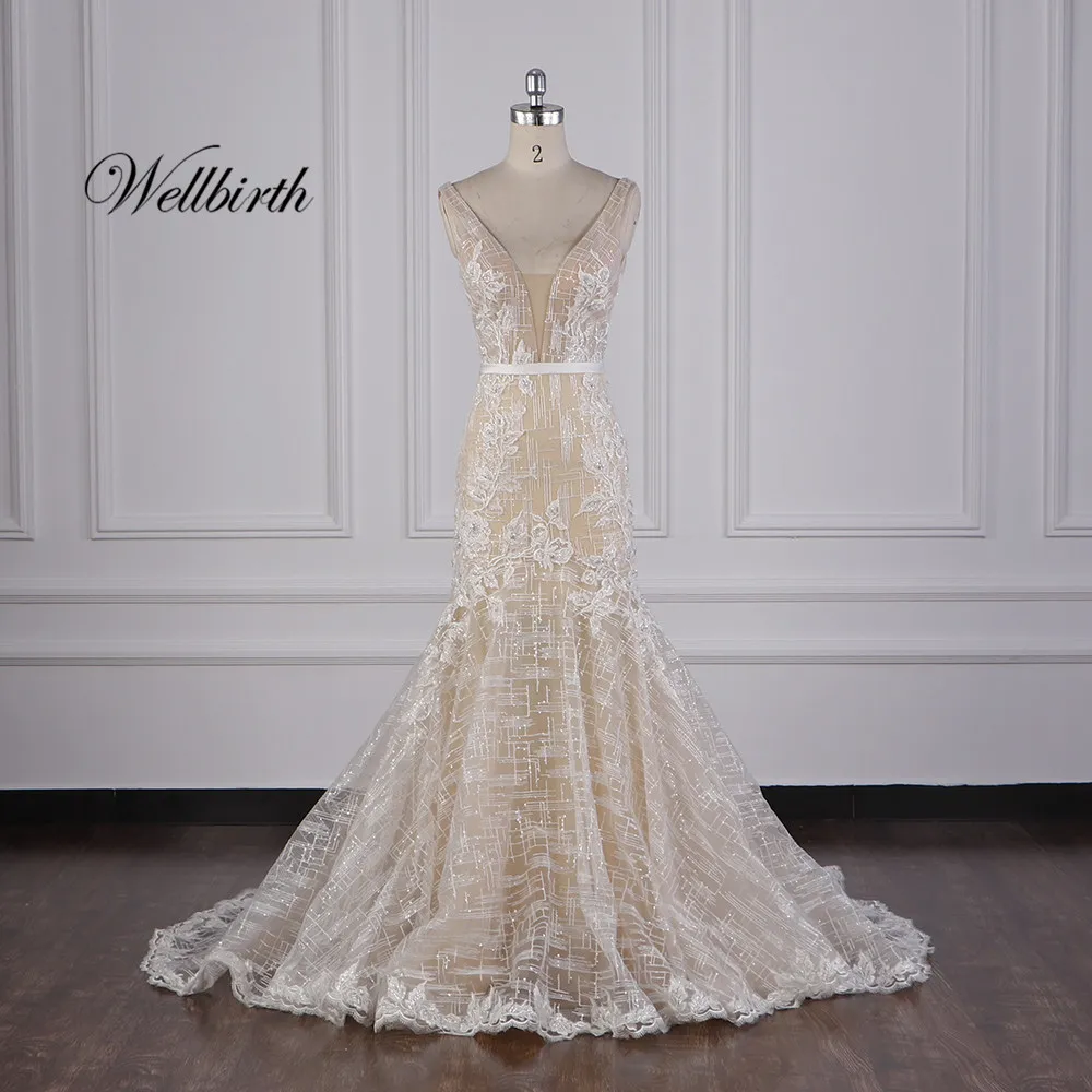 Реальное изображение Wellbirth Vestido de novia, v-образный вырез, открытая спина, Русалка, свадебное платье с коротким рукавом, свадебное платье JC024 - Цвет: picture color