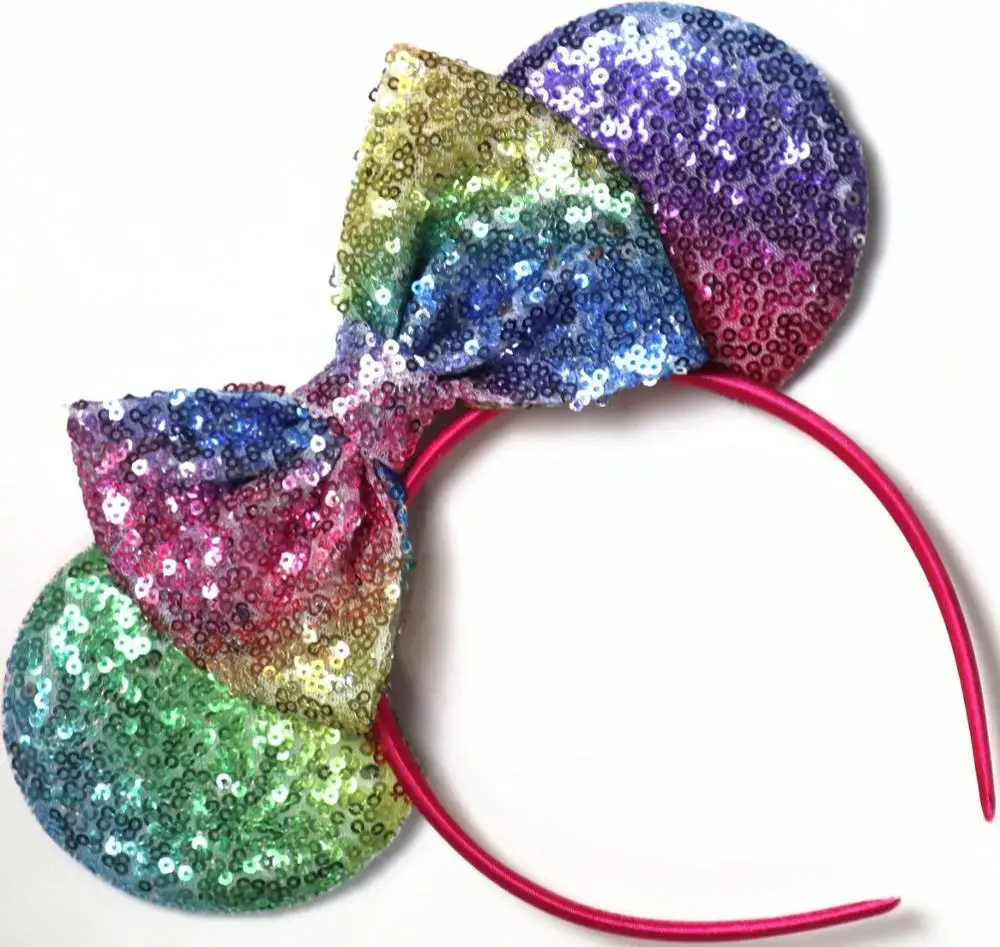 

Rainbow Headband Minnie Mouse Ears Winter Festival DIY Hair Accessories Headwear Sequins Hair Bow Hairband For Girls Women