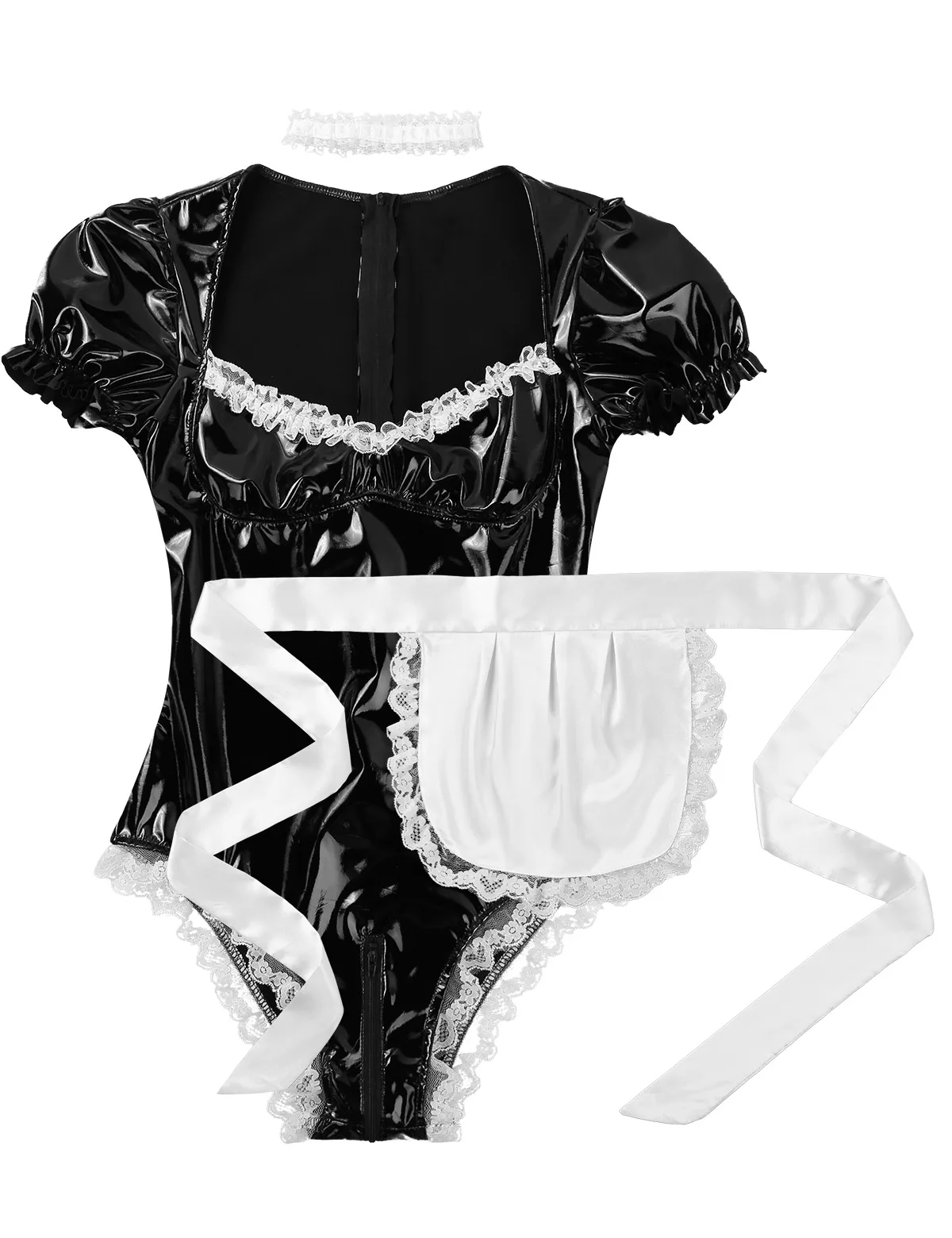 Women's French Maid Cosplay Halloween Costumes Outfit Leather Bodysuit with Choker and Apron Sissy Maid Role Play Game Clothing