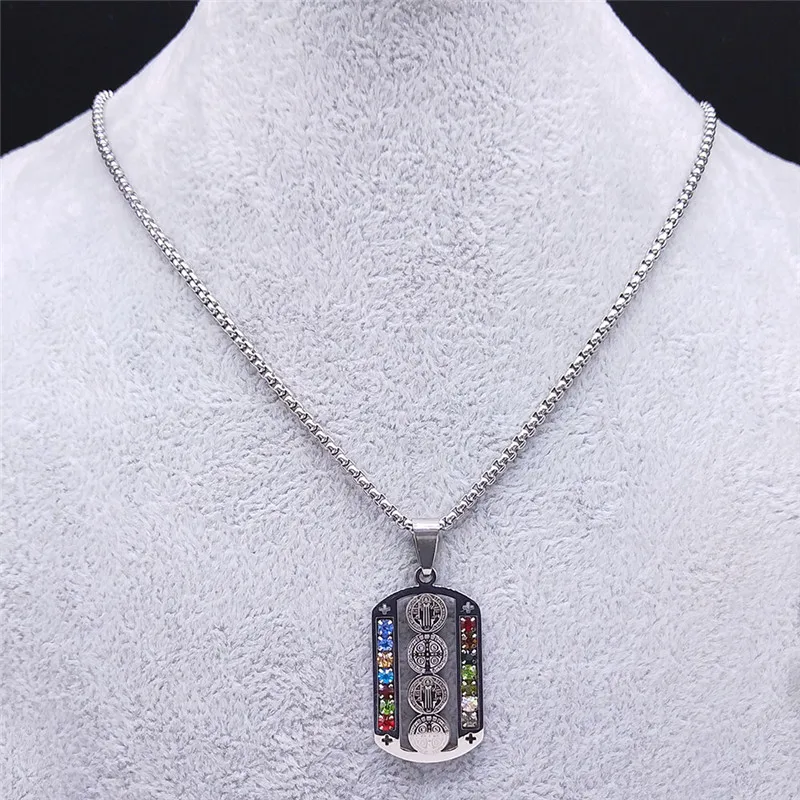 Stainless Steel Saint Benedict Crystal Pendant Necklace – Silver Christian Jewelry 5