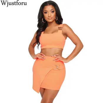 

Wjustforu Fashion Club Sexy Two Piece Skirt Women Spaghetti Strap Short Tops + Mini Skirt Female Office Work Elegant 2 Piece Set