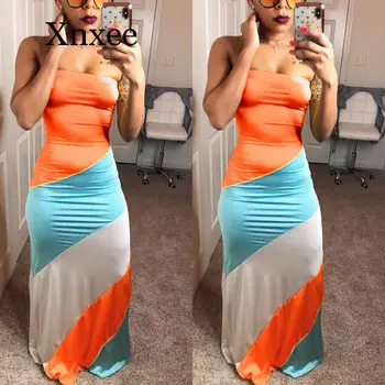 

Women Summer Maxi dress 2018 Fashion Boho Strap Dress Hit The Color Beach Sundress Long Dresses plus size sleeveless rainbow