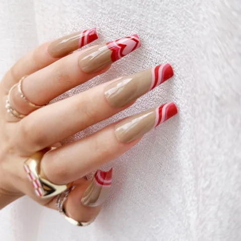 False Nails Press On Red French Fake Nail Tip Full Cover Fake Nails DIY Manicure Nail Art Tools Long Ballerina