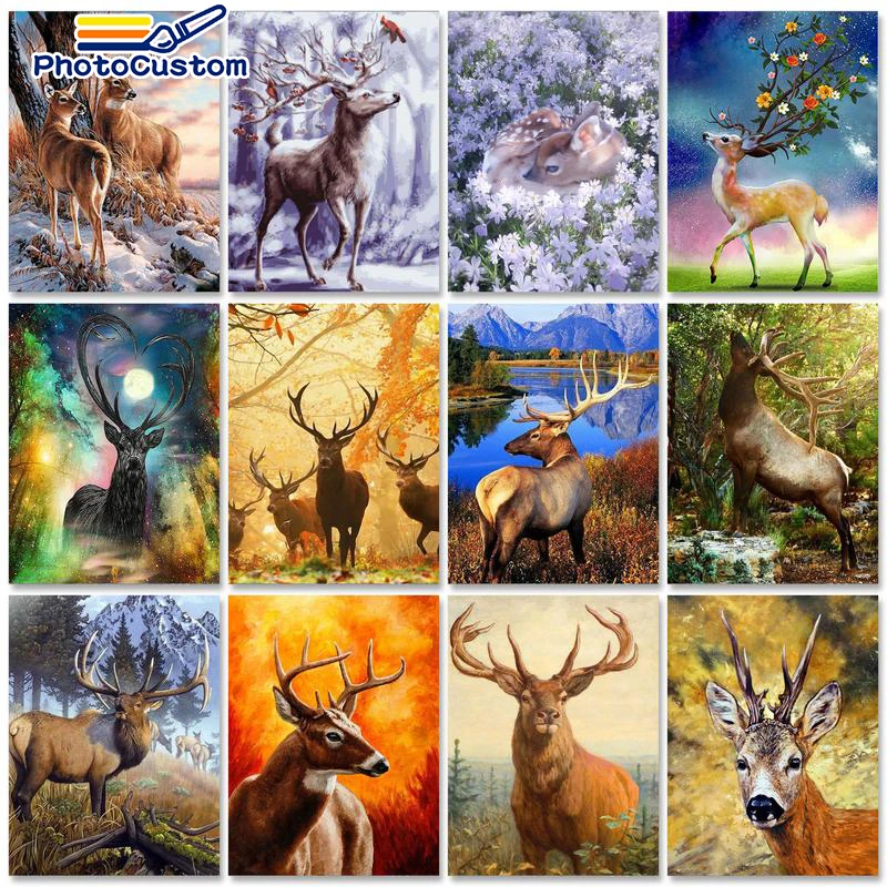 

PhotoCustom Oil Painting By Numbers For Adults Elk 60x75cm DIY Paint By Numbers On Canvas Deer Animals Frameless Home Decor