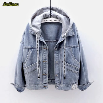 

Smlinan Spring Autumn Hooded Denim Jacket Women Fahion Single Breasted Pocket Plus Size Vintage Streetwear Jeans Coat Female