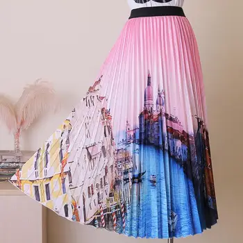 

Fashion printed pleated skirt women spring high waist big swing mid calf skirt