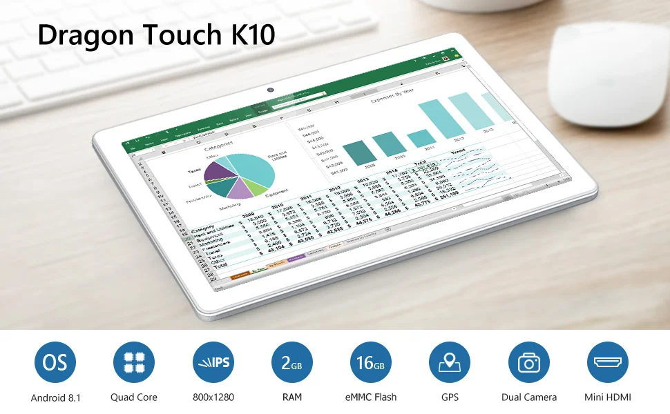 Планшет Dragon Touch K10 10,1 дюймов Android планшет с четырехъядерным процессором 16 ГБ Android 8,1 ips HD дисплей микро HDMI планшетный ПК