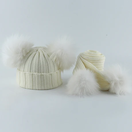 Детская вязаная шапочка с натуральным мехом и помпоном, набор шарфов, костюм для маленьких мальчиков и девочек, шапка, шарф, зимняя теплая - Цвет: white hat scarf