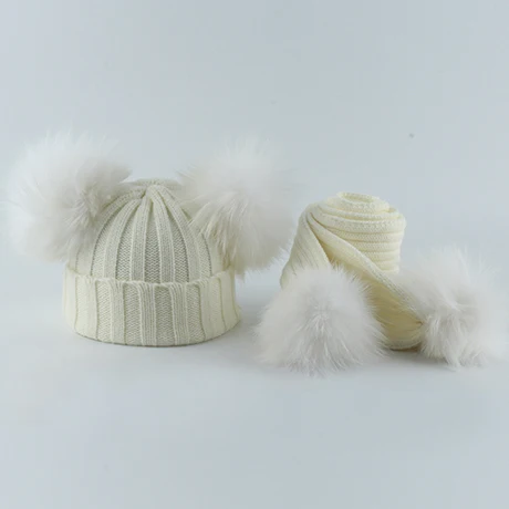 white hat scarf Детская вязаная шапочка с натуральным мехом и помпоном, набор шарфов, костюм для маленьких мальчиков и девочек, шапка, шарф, зимняя теплая - Цвет: white hat scarf
