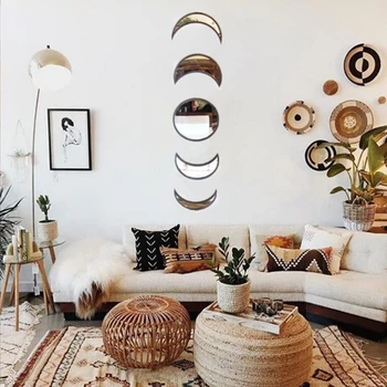 

5pcs Nordic Style Nursery Apartment Living Room Wall Mirror Shatterproof Home Decor Wooden Frame Office Sticker Gift Moon Phase
