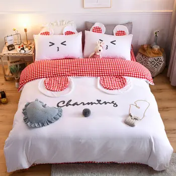 

White Cute Girl Bedding set Bear Ears Embroidery Soft Winter Fleece Velvet Duvet Cover Lattice Bed Linen Fitted Sheet Pillowcase