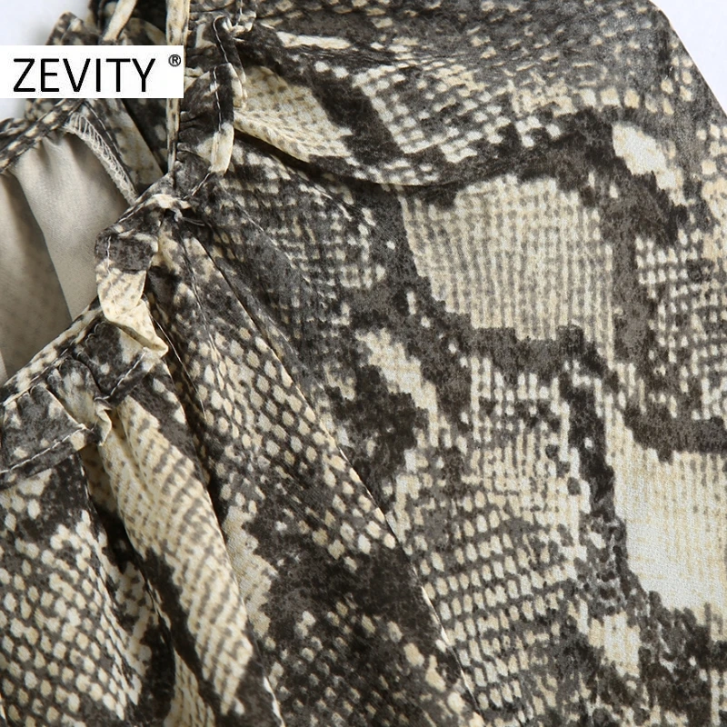 ZEVITY women vintage snake skin print sashes midi dress female animal texture pleated ruffles kimono vestido chic dresses DS4474
