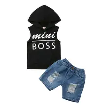 Комплект одежды для маленьких мальчиков 1-5 лет, мини-топ без рукавов с капюшоном, джинсовые шорты, повседневная одежда, детские костюмы для мальчика