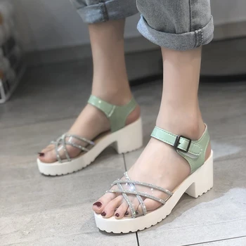

Women Sandals Bling Crystal Platform PU Low Heels Ladies Shoes Summer Fashion Comfort Buckle Strap Female 2020 Plus Size 33-45