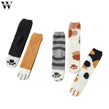 Womail мужские и wo Мужские Зимние коралловые носки с принтом в виде лап кошки плюс бархатные теплые домашние носки для сна носки-тапочки черные