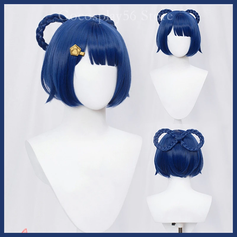 Genshin Impact Xiangling Wig Cosplay Blue Short 8-Shaped Braids Heat Resistant Hair Halloween Role Play AC |