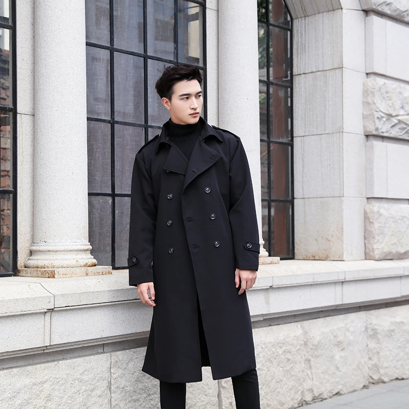 Autumn Winter British Fashion Wide Belt Long Black Trench Coat Men Fashion Pocket Decoration Double breasted 4