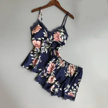

Women Summer Silk Satin Pajama Sets Sexy V neck Lace Ladies Underwear Floral Print Babydoll Sleepwear Nightwear Sleepwear Set