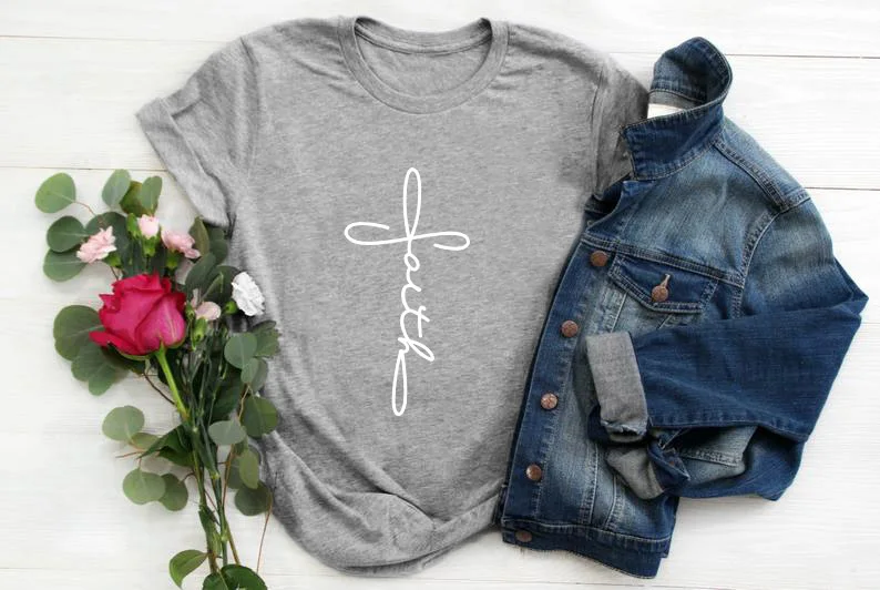 gray tee white text Крест вера футболка для христианина Hipster Религия церковь Иисус футболка со слоганом Графический эстетическое Библии вера Lover гранж Топы И Футболки - Цвет: gray tee white text