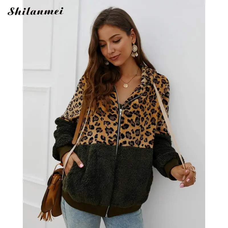

Autumn Winter Leopard Hoodies Sweatshirt Women's Patchwork Jacket Hooded Coat Zipper Long Sleeve Fashion Ladies Jacket Overcoats