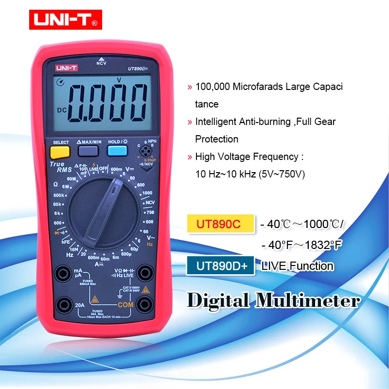 UNI T Цифровой мультиметр True RMS ручной диапазон UT890C UT890D + AC DC тестер частоты емкости