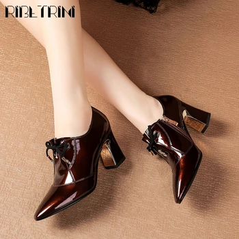 

RIBETRINI New Ladies Brand Pointed Toe Dress Shoes Woman Spring Fashion Patent Leather Pumps Women Office High Heel Pumps