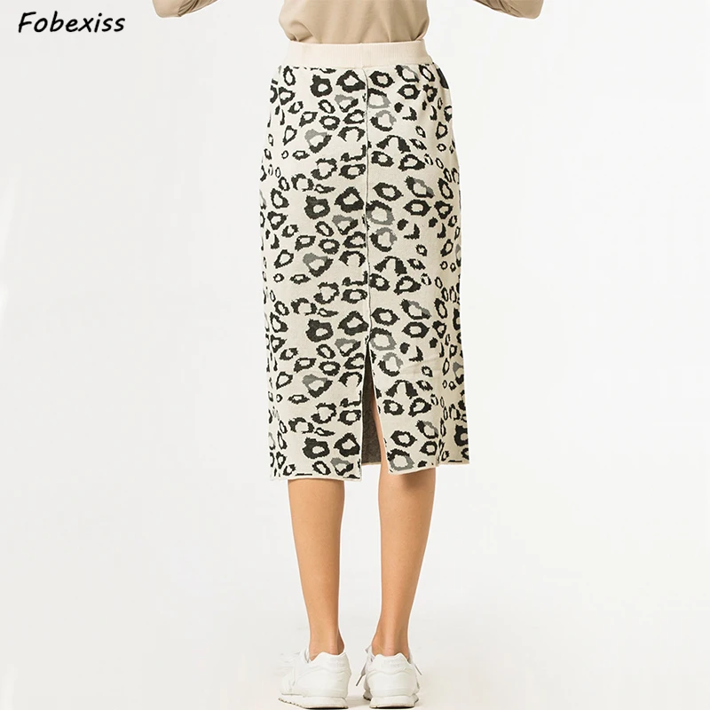 

Cheetah Print Pencil Skirt Woman Autumn White Knitted Midi Skirt High Waist Elasticity Split Skirt Winter 2019 OL Skirt Woman