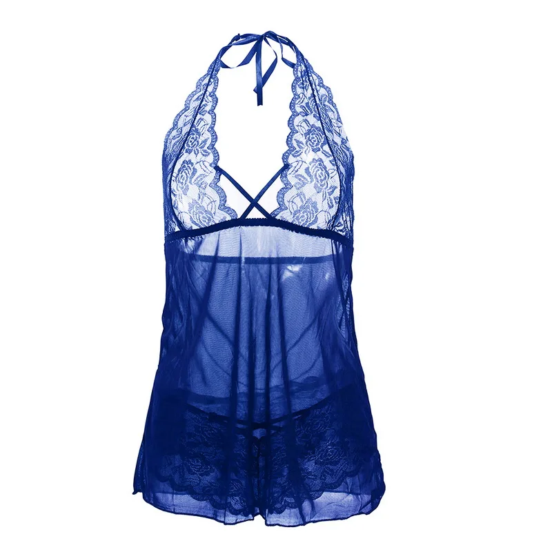 Женское рождественское ночное сексуальное платье для сна, нижнее белье, мини платье плюс кружевное платье с глубоким v-образным вырезом, стринги, ночное белье, большие размеры, S-6XL - Цвет: blue