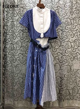 

Tops Fashion New 2020 Spring Summer Dress Women Stand Neck Tunic Buttons Up Short Sleeve Hollow Out Sexy Striped Dress Casual