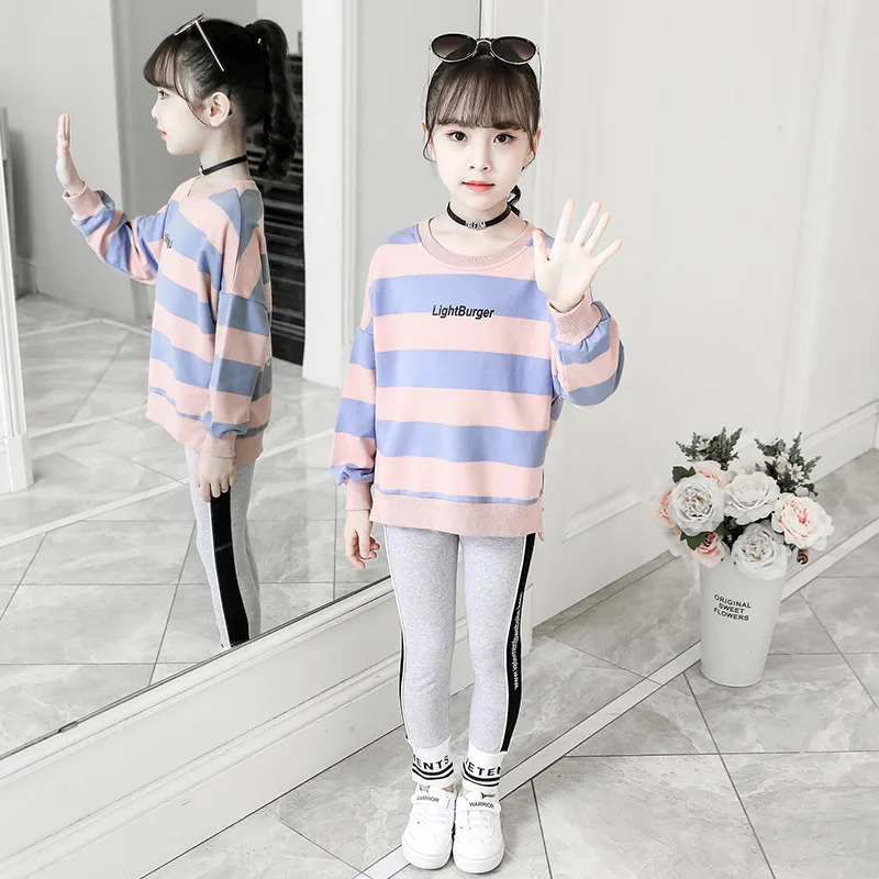 

One-Piece Ready Childrenswear 2019 New Style Spring And Autumn Set Big Boy Korean-style Stripes Hoodie Leggings Two-Piece Set