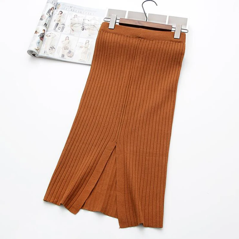 Осенне-зимняя трикотажная длинная юбка с высокой талией, Женская Офисная упаковка, модные женские юбки-карандаш до колена