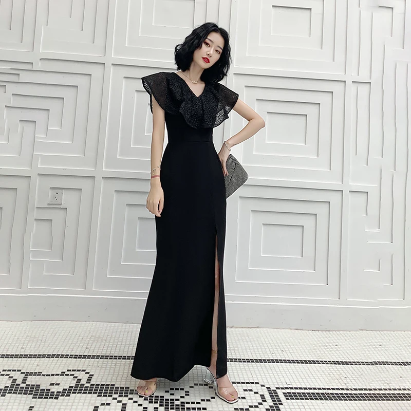 Элегантное Длинное Вечернее Платье, Qipao, сексуальное, черное, с высоким разрезом, Русалка, Cheongsam, изысканное, с рукавом-бабочкой, тонкое, Robe De Soiree