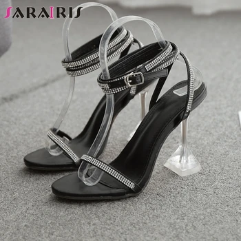 

SARAIRIS Sexy Female Round Toe Crysatl Ankle Strap Clear Heel High Heel Sandals Casual Sandals Women Candy Color Shoes Woman