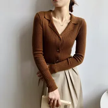 Double 2021 autumn new solid color suit leader sleeves bottoming shirt show thin slim knit sweater cardigan female P816