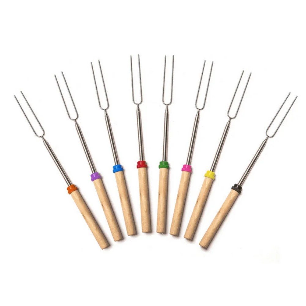 

Hot Extendable Roasting Sticks Telescoping Forks Steel+Wood Long Camping Skewers Campfire BBQ Cookware Accessories