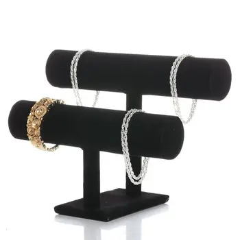 

2 Tiers Black Velvet Hovering T-Bar Bracelet Necklace Jewelry Display Stand E15E